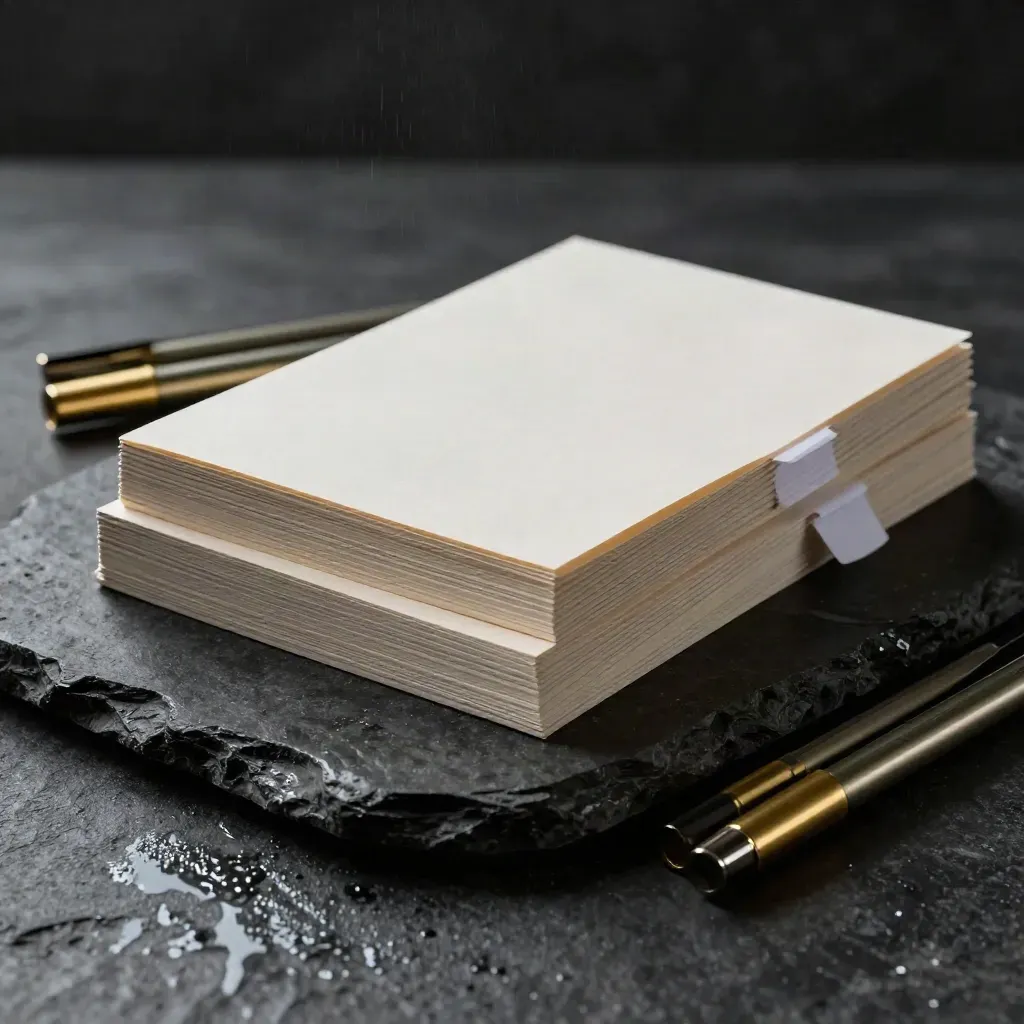 Dramatic brief-builder cards on wet stone with brass markers in a misty studio.
