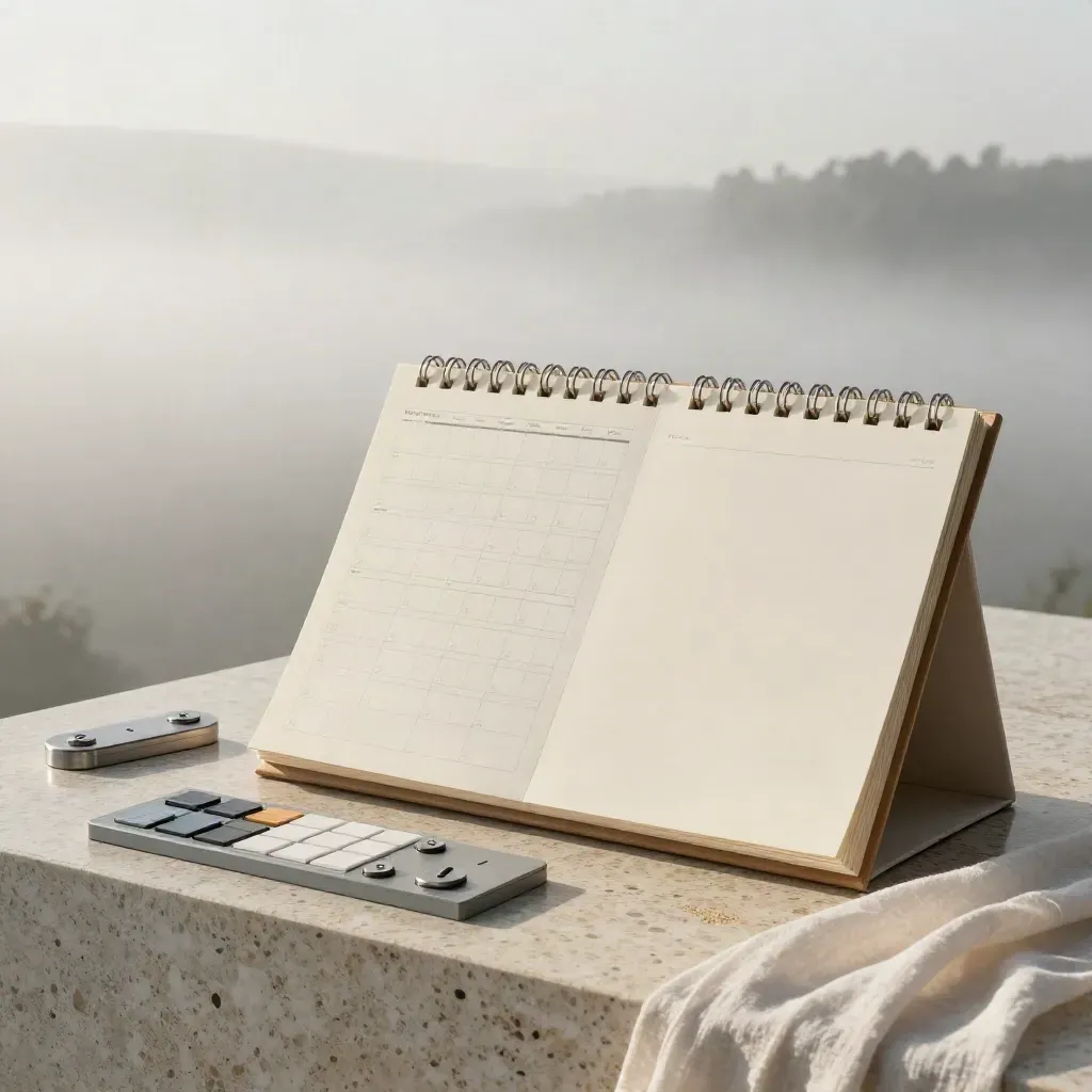 Editorial planning kit on travertine at dawn, with calendar tiles and misty light.
