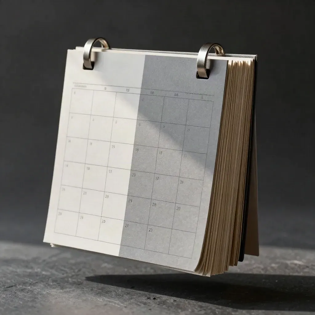 Floating editorial calendar modules with slate dividers and pale clamps in a hazy studio macro.
