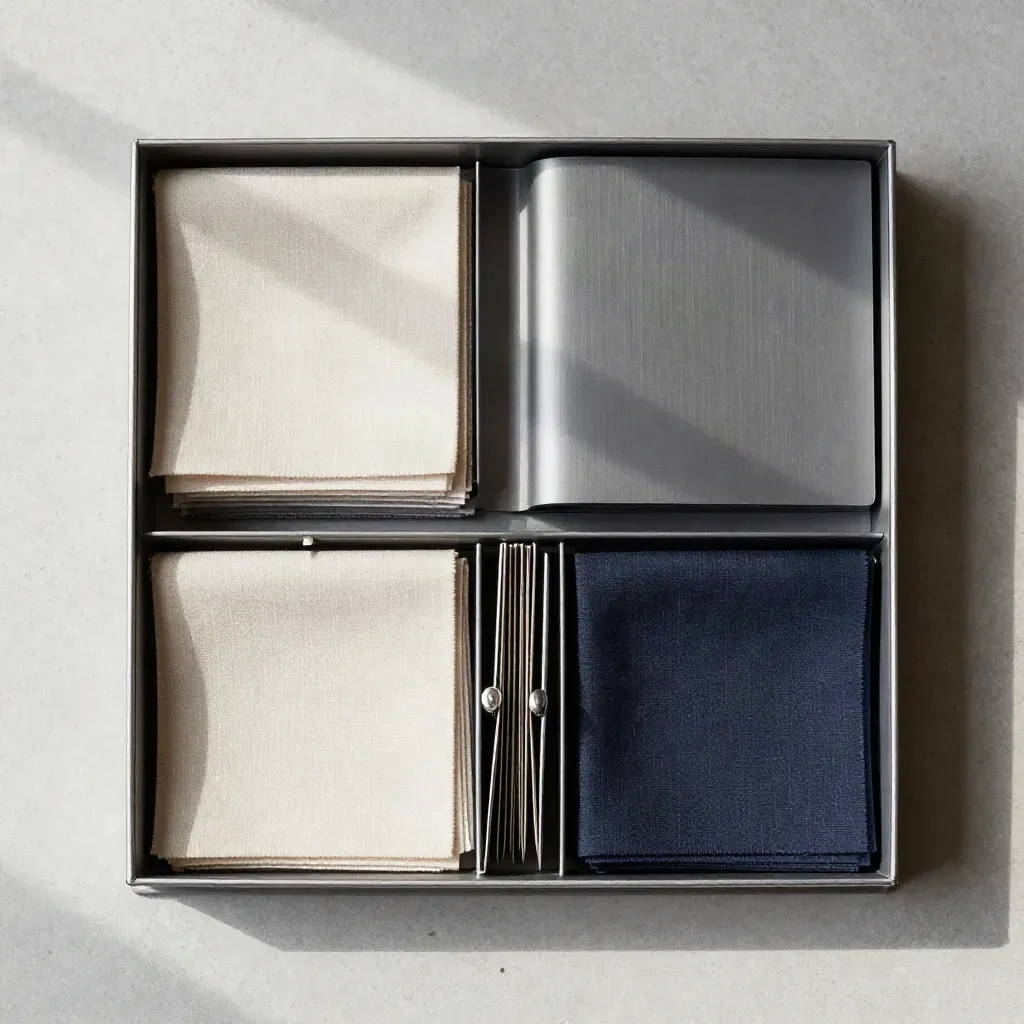 Open archive box with fabric swatches and metal dividers fanned on pale concrete, top-down editorial flatlay