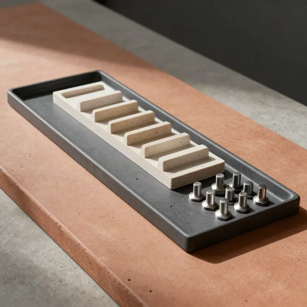 Slate queue trays, dividers, and routing pegs on a terracotta slab