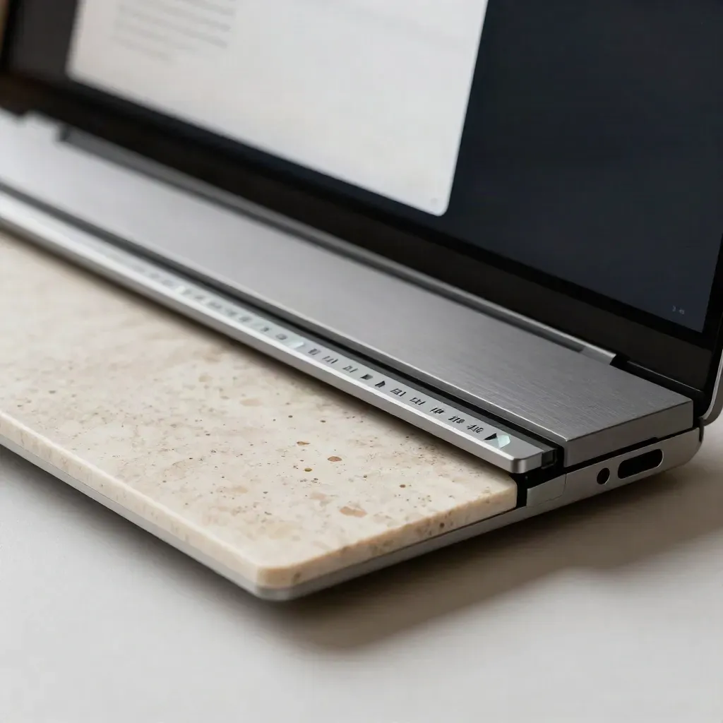 Macro hero of a sleek publishing dashboard console with slate and travertine details in soft haze.