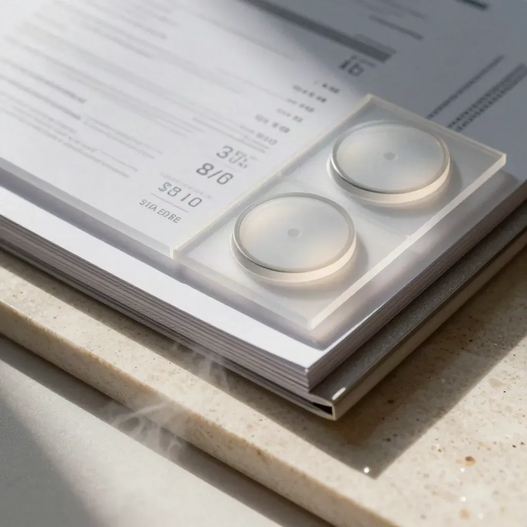 Translucent analytics tiles, dial discs, and a closed report folio on pale stone.