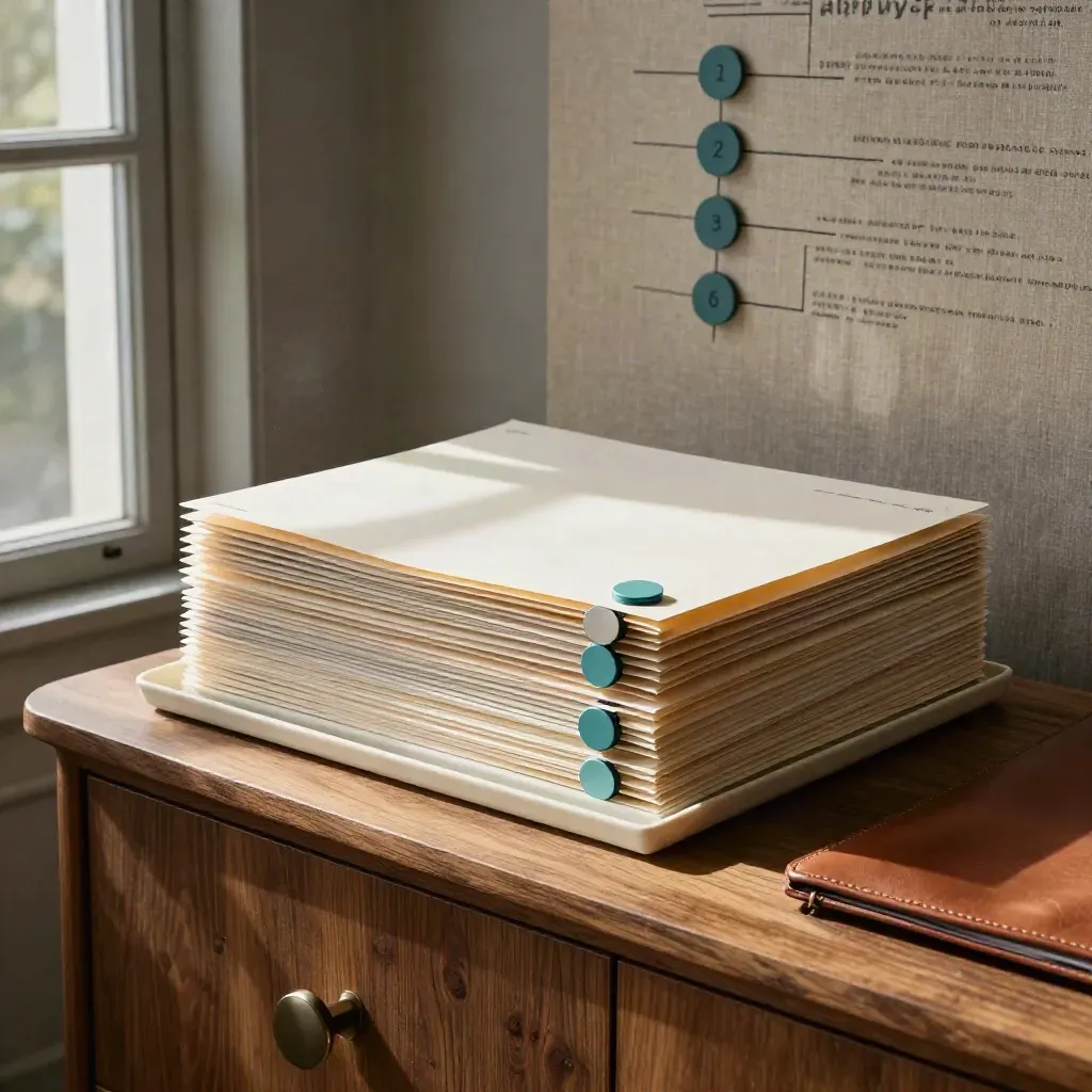 Layered approval folders with teal status tokens on a warm oak console by a window