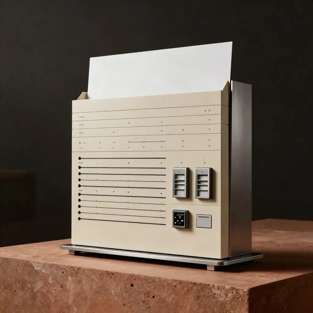 Tall dashboard console block with layered plates on a terracotta plinth in a dark studio