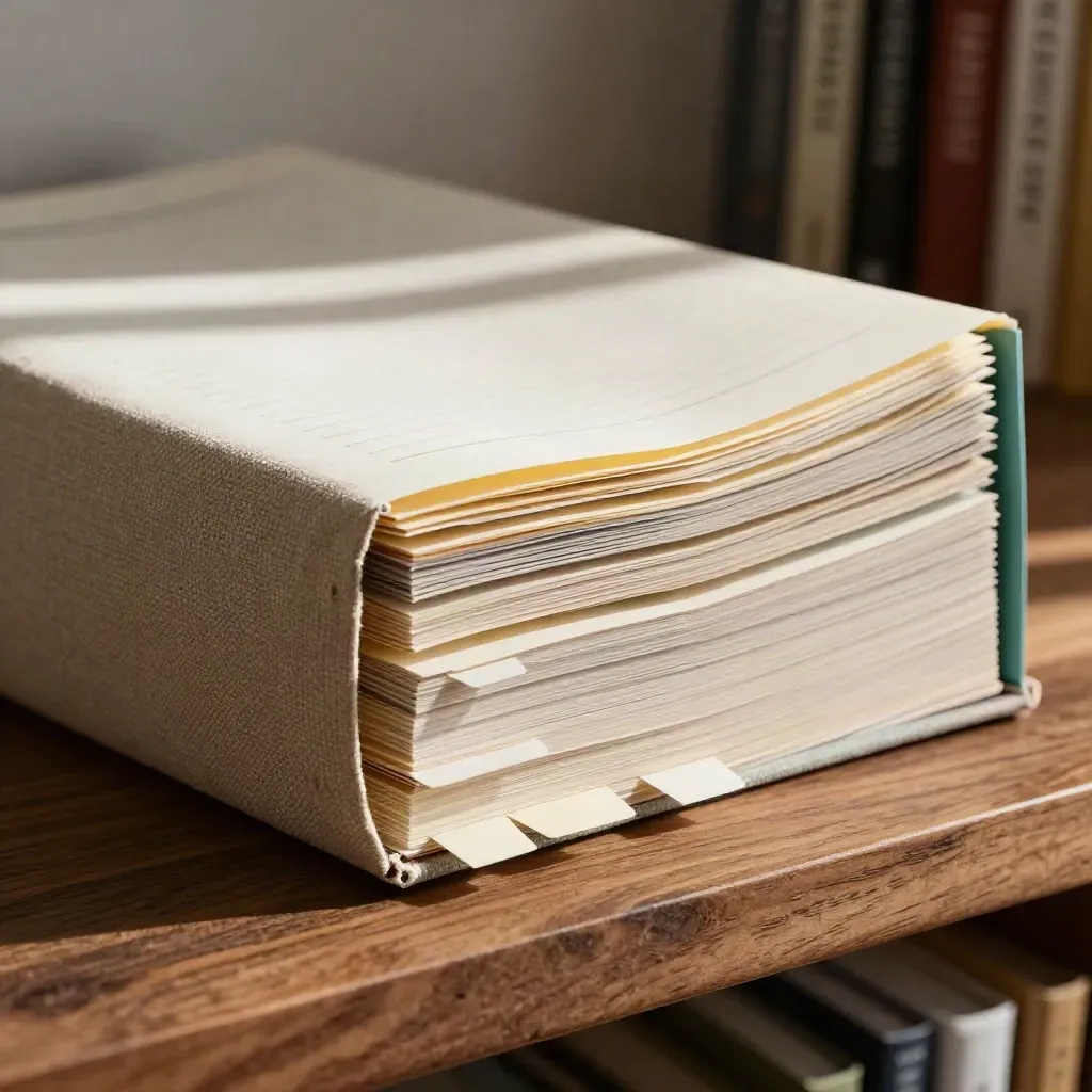 Macro brief deck with tabbed paper layers on warm walnut, lit by hard daylight.