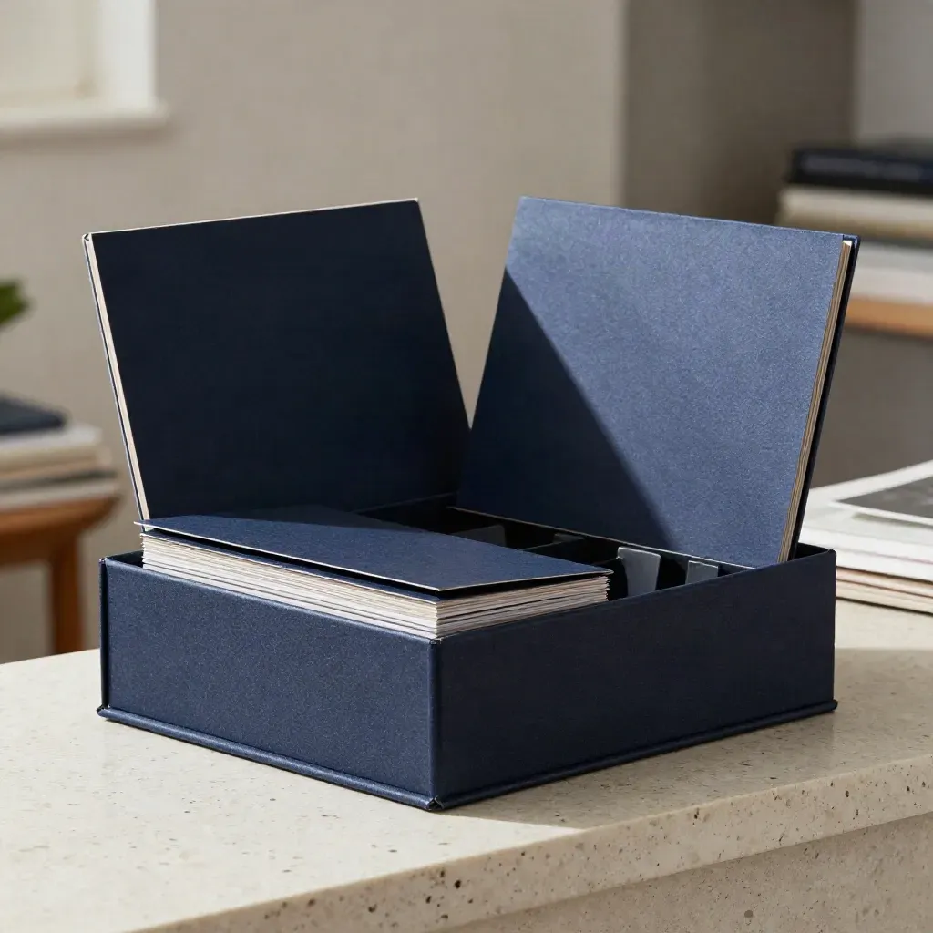 Open archival box with dividers and sleeves on travertine, in soft haze and navy accents.
