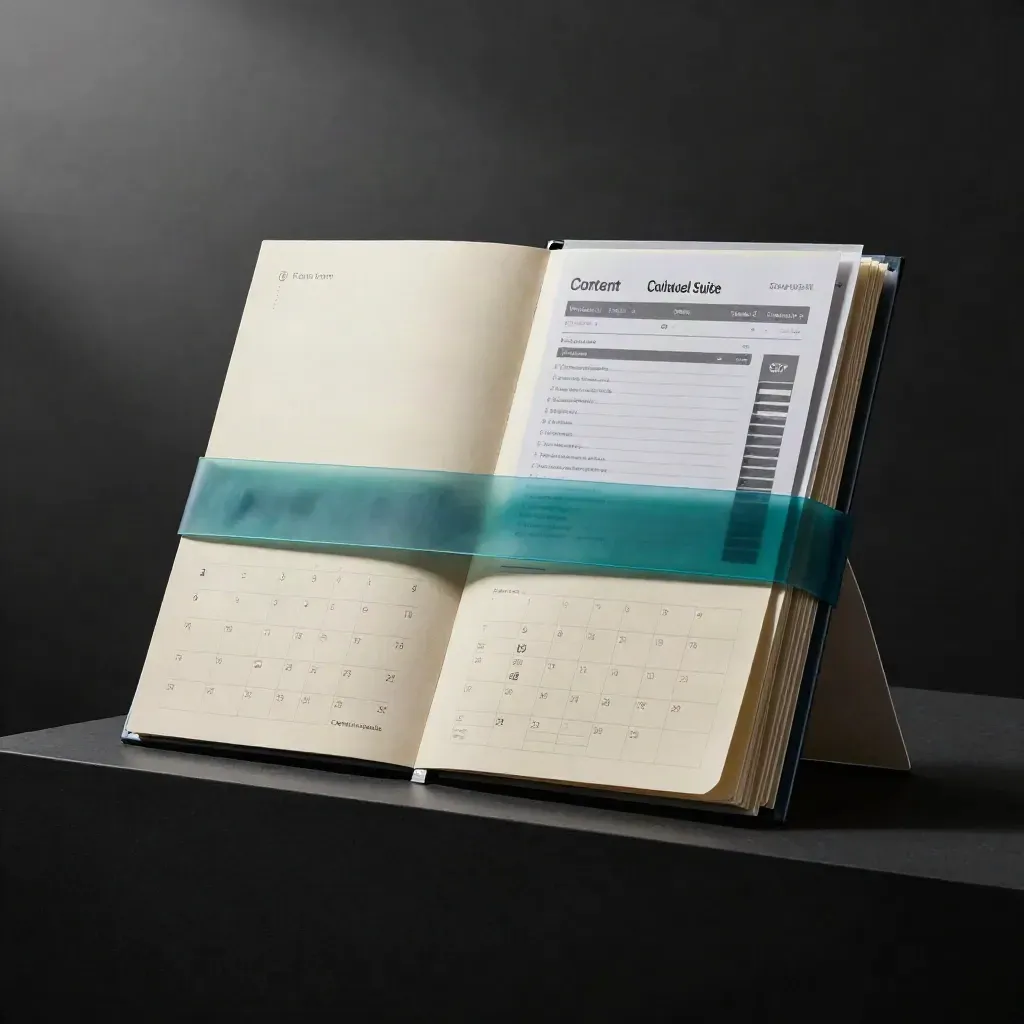 Wrapped editorial planning bundle with teal band on black surface in dramatic studio light