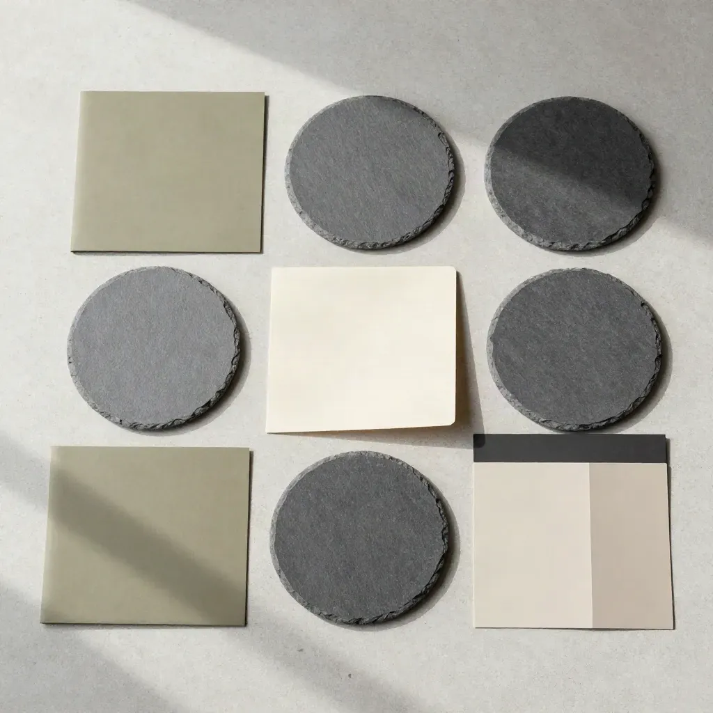Top-down flat lay of approval folders, discs, and inserts on pale concrete.