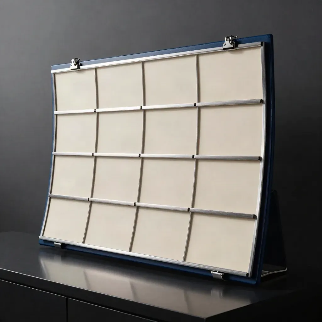 Oversized modular editorial calendar board with ten clipped sections on a dark studio plinth.