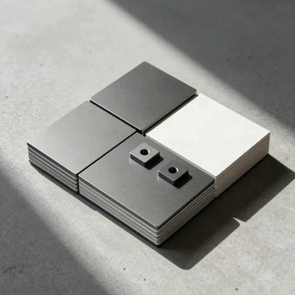 Five modular content blocks and a carry case on concrete, lit from upper left.
