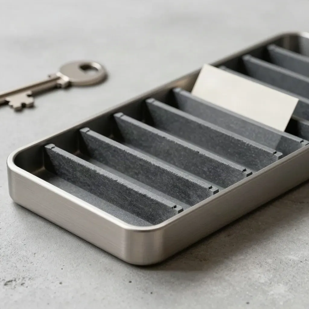 Slate tray dividers and routing pegs on cool concrete, lit dramatically from upper left.