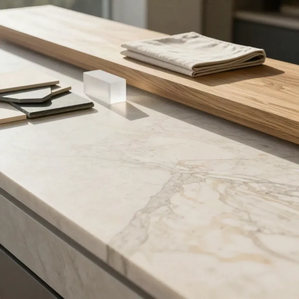 Sunlit marble terrace with oak ledge and neutral planning tiles in soft haze