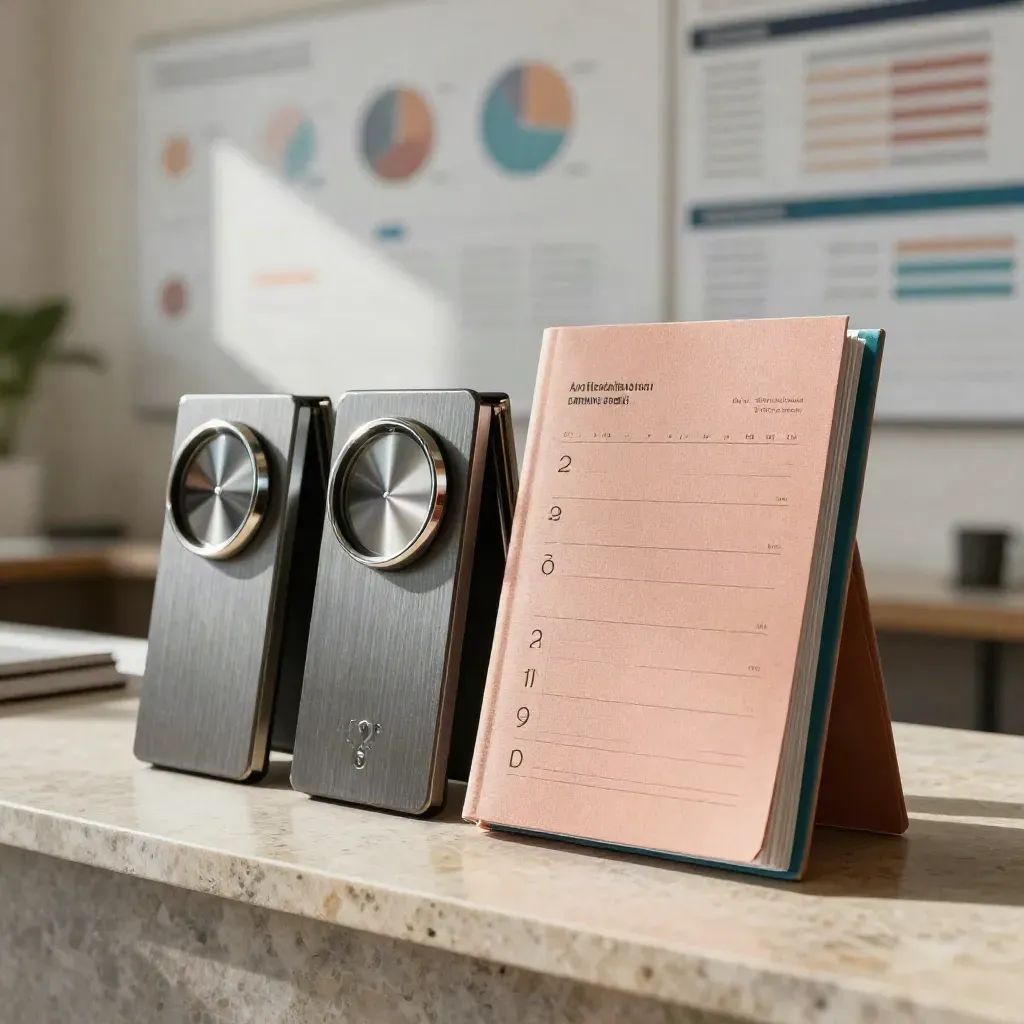 Low-angle product scene of analytics tiles, ring dials, and a monthly folio on limestone.
