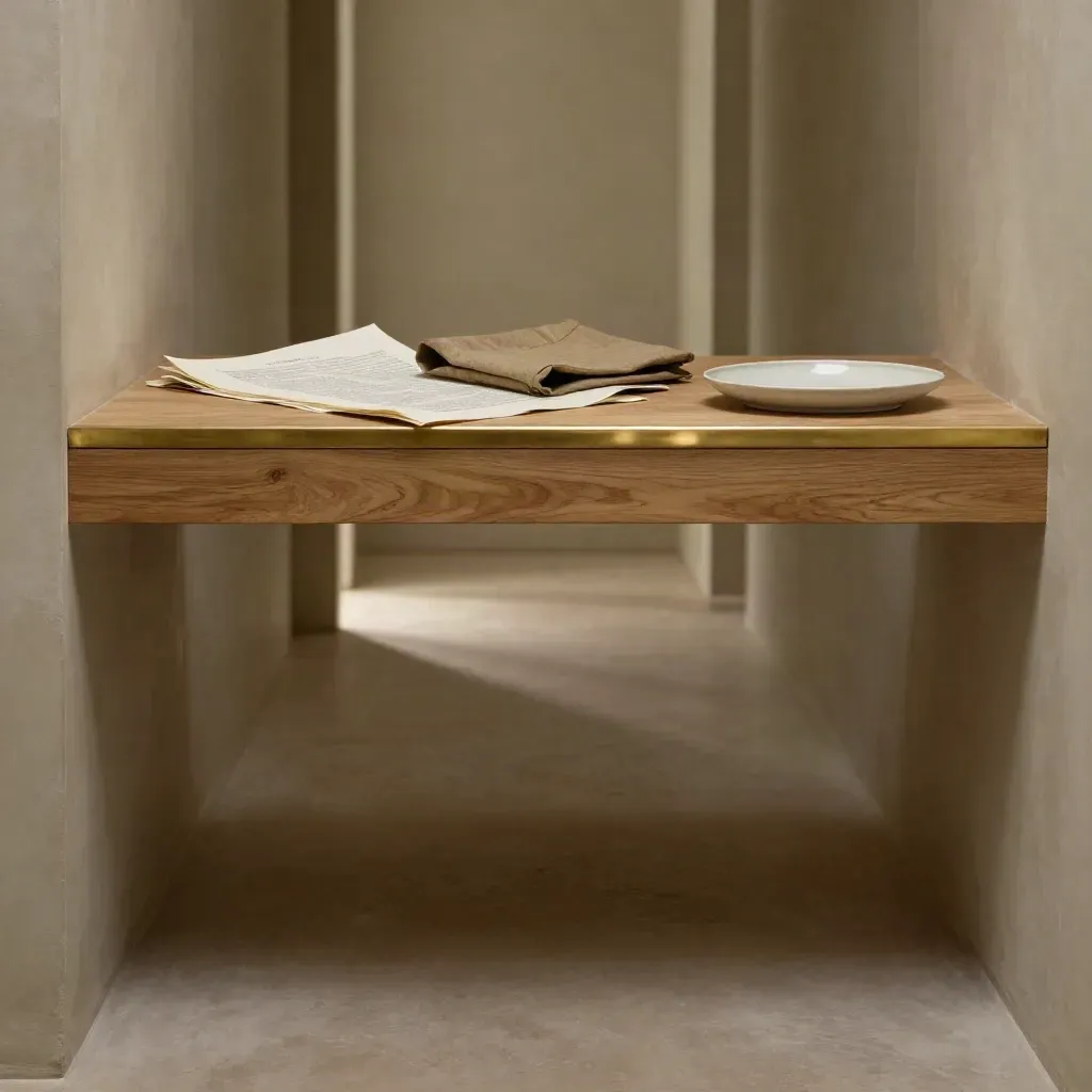 Warm plaster corridor with oak ledge, brass trim, and editorial materials in soft late light.